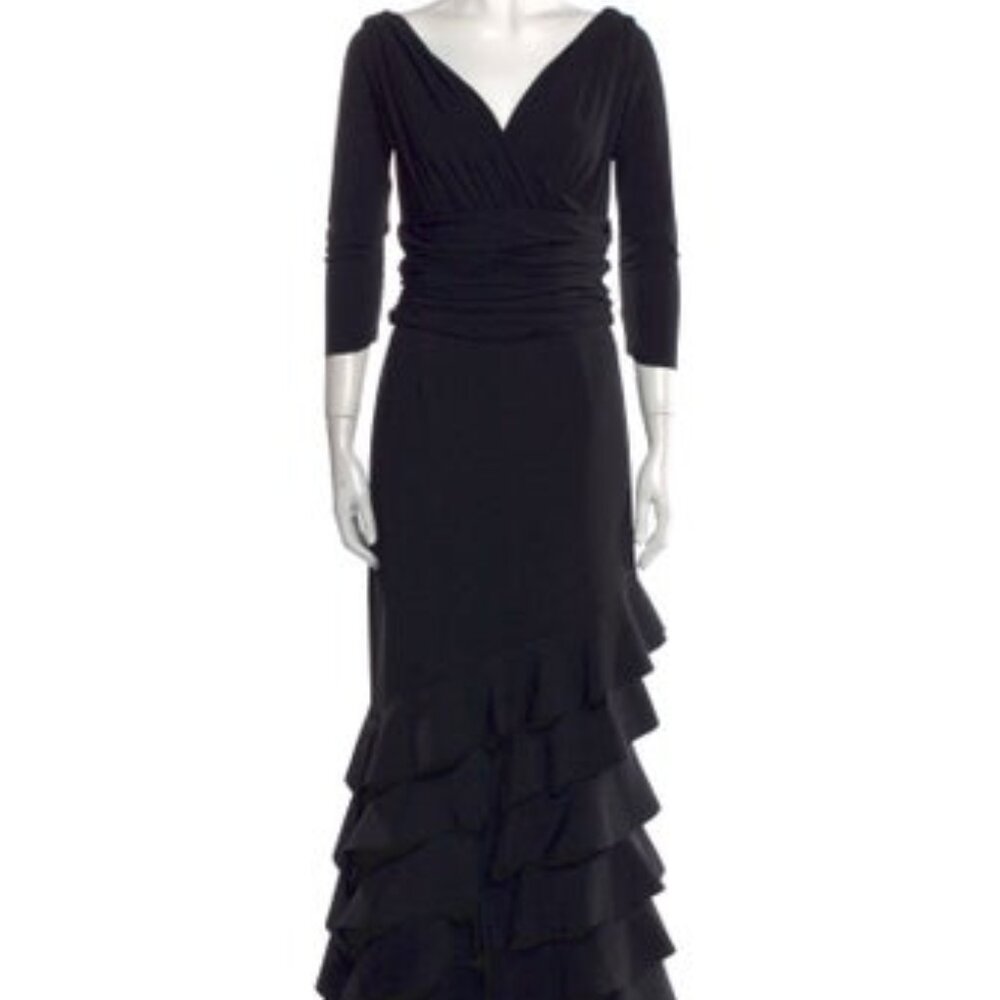 Chiara Bon La Petite Robe Couture 3/4 Sleeve Black Gown with Ruffle Size 6